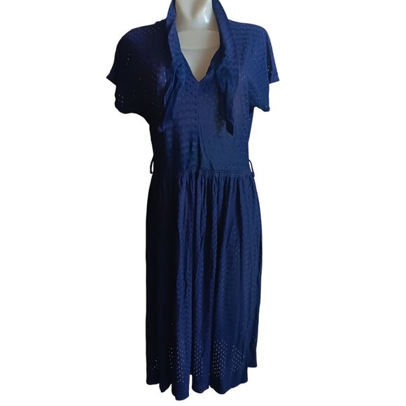 1OF1 Women's 8 Vintage Dress 1960's Eyelet Midi Tie Neck Slinky Stretch Nylon - Picture 1 of 9